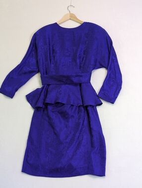 Vintage 80s Silk Peplum Skirt Suit 12 Royal Blue Damask Jacquard Point of View